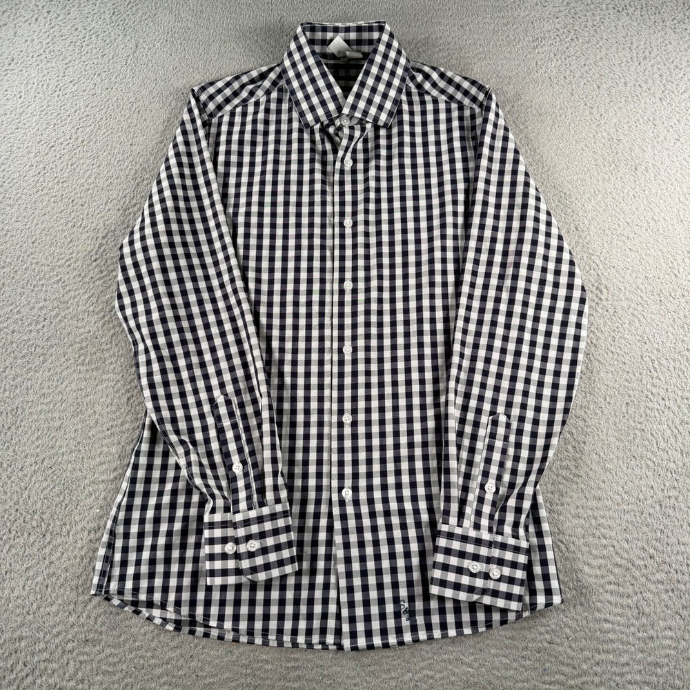 State and Liberty Dress Shirt Mens Small Navy White Gingham Athletic Fit Stretch